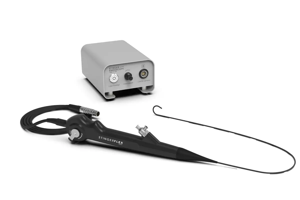 Endoscópio Stingerflex UDS-01, equipamento moderno utilizado em exames de endoscopia para diagnóstico preciso de condições internas.